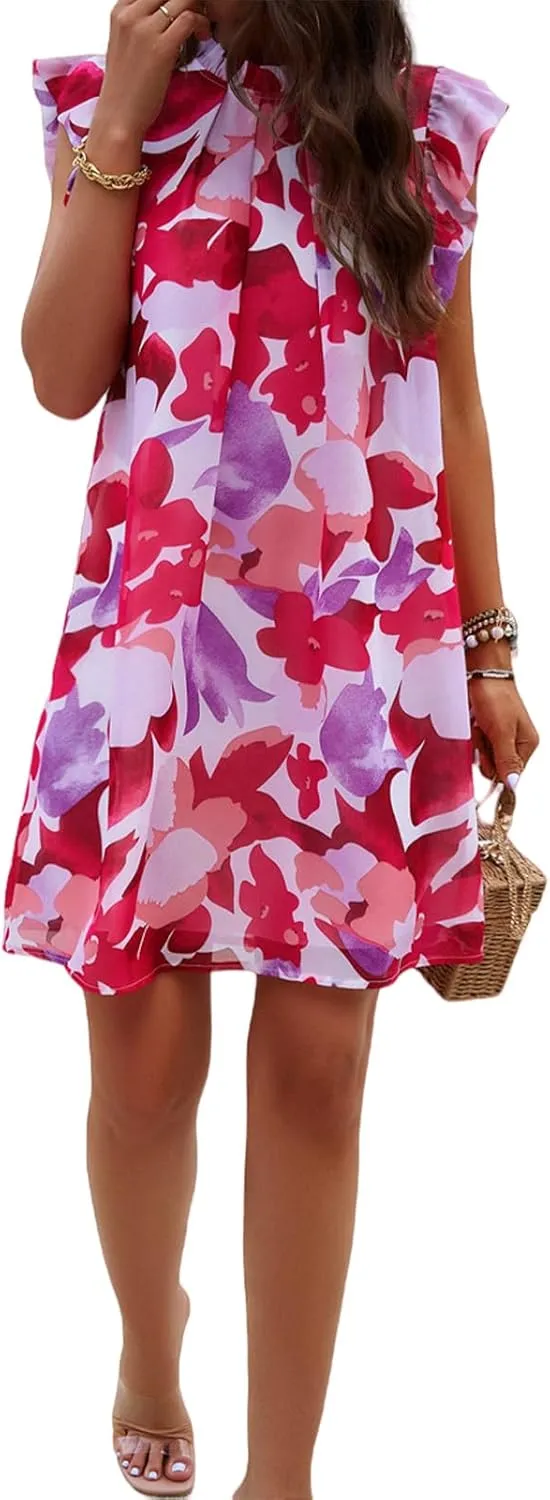 Floral Dresses for Women Summer Loose Casual Short Ruffle Sleeve Print Mini Dress S~XL