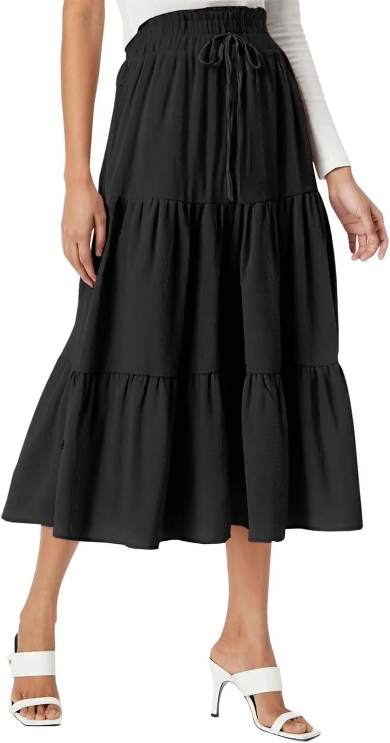 Floral Maxi Skirt for Women Summer Comfy Tiered Elastic High Waisted Skirts Vacation A-Line Flowy Swing Long Skirts