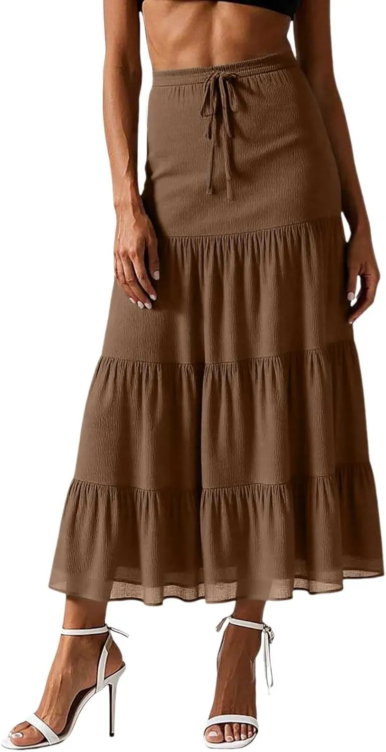 Floral Maxi Skirt for Women Summer Comfy Tiered Elastic High Waisted Skirts Vacation A-Line Flowy Swing Skirts