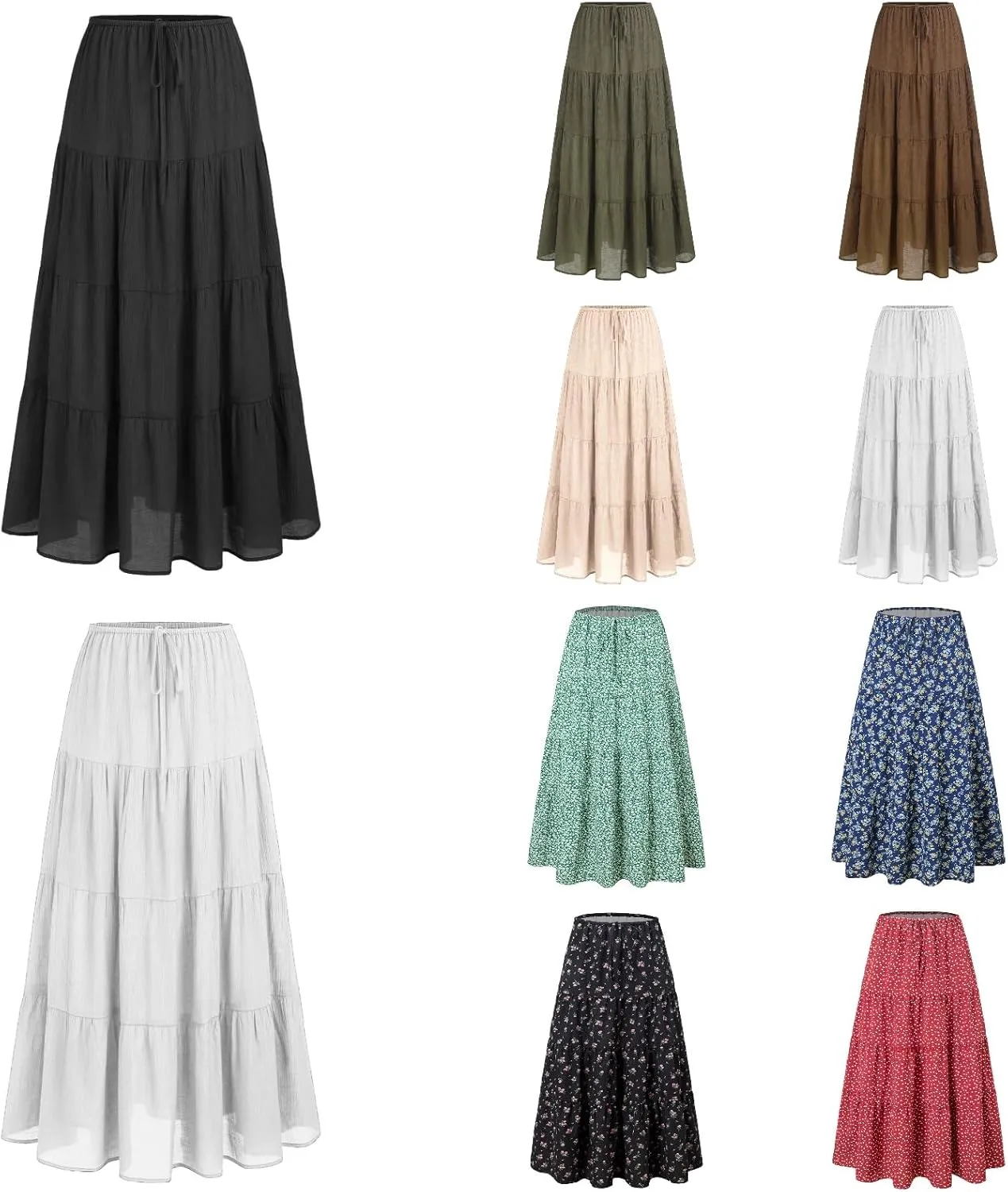 Floral Maxi Skirt for Women Summer Comfy Tiered Elastic High Waisted Skirts Vacation A-Line Flowy Swing Skirts