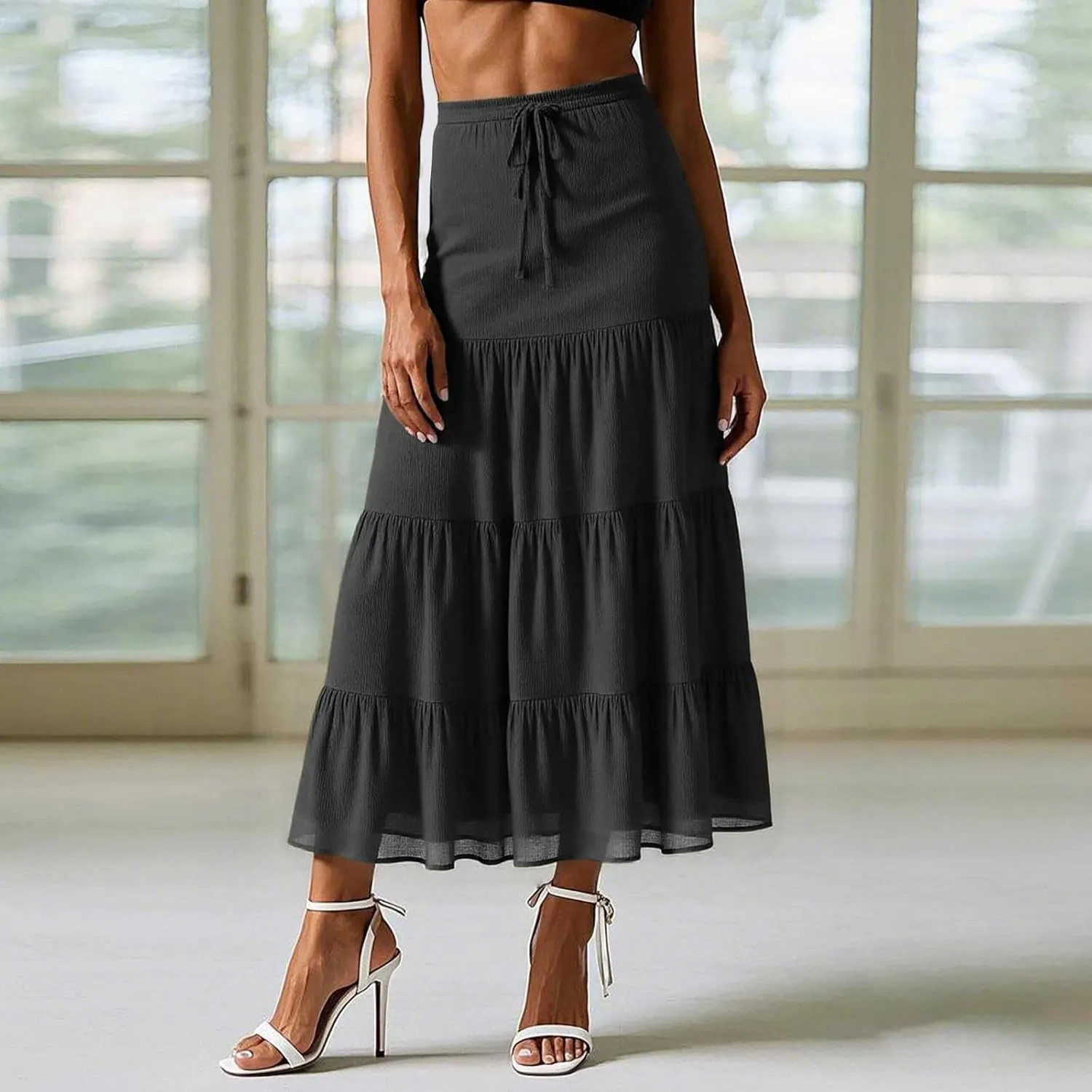 Floral Maxi Skirt for Women Summer Comfy Tiered Elastic High Waisted Skirts Vacation A-Line Flowy Swing Skirts
