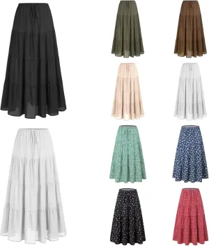 Floral Maxi Skirt for Women Summer Comfy Tiered Elastic High Waisted Skirts Vacation A-Line Flowy Swing Skirts