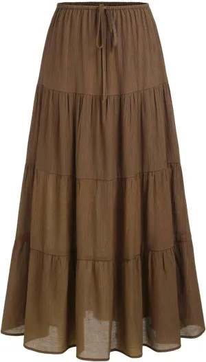 Floral Maxi Skirt for Women Summer Comfy Tiered Elastic High Waisted Skirts Vacation A-Line Flowy Swing Skirts