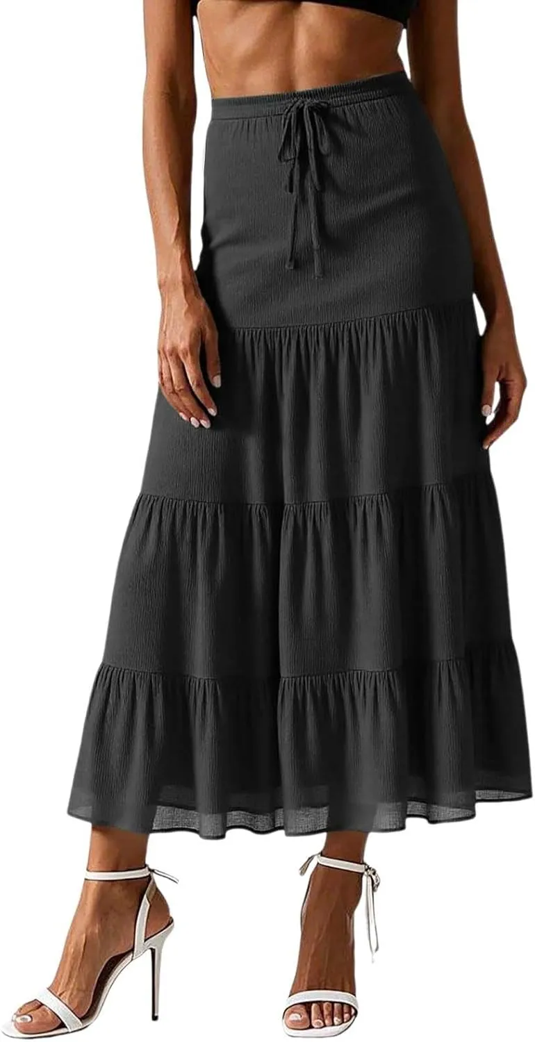 Floral Maxi Skirt for Women Summer Comfy Tiered Elastic High Waisted Skirts Vacation A-Line Flowy Swing Skirts