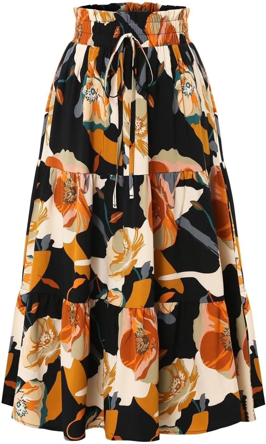 Floral Maxi Skirt for Women Summer Vacation A Line Flowy Swing Comfy Tiered Elastic High Waisted Long Skirts