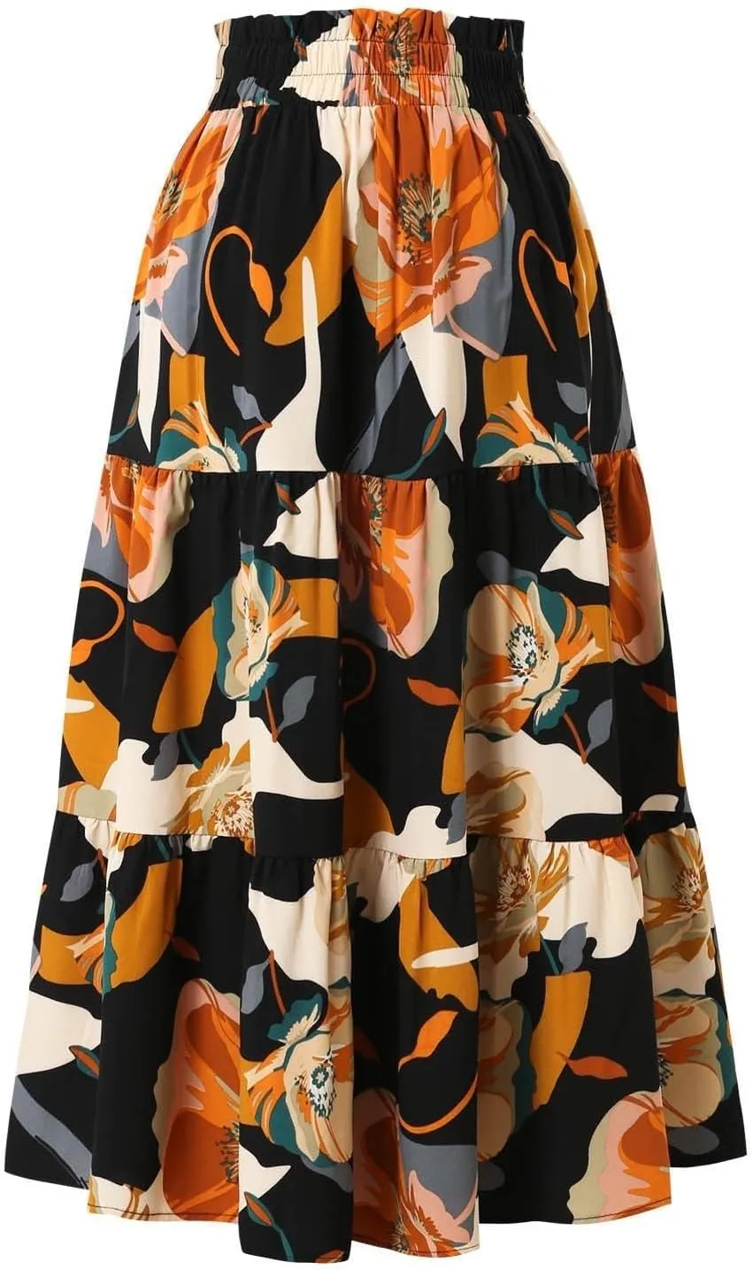 Floral Maxi Skirt for Women Summer Vacation A Line Flowy Swing Comfy Tiered Elastic High Waisted Long Skirts