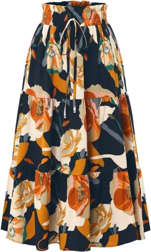 Floral Pleated Skirts for Women Drawstring High Waist Boho Maxi Skirts Summer Flowy Tiered Pleated Beach A Line Skirt