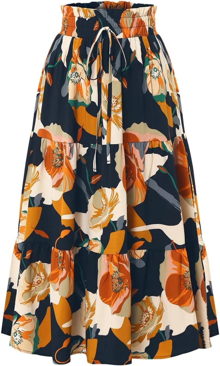 Floral Pleated Skirts for Women Drawstring High Waist Boho Maxi Skirts Summer Flowy Tiered Pleated Beach A Line Skirt