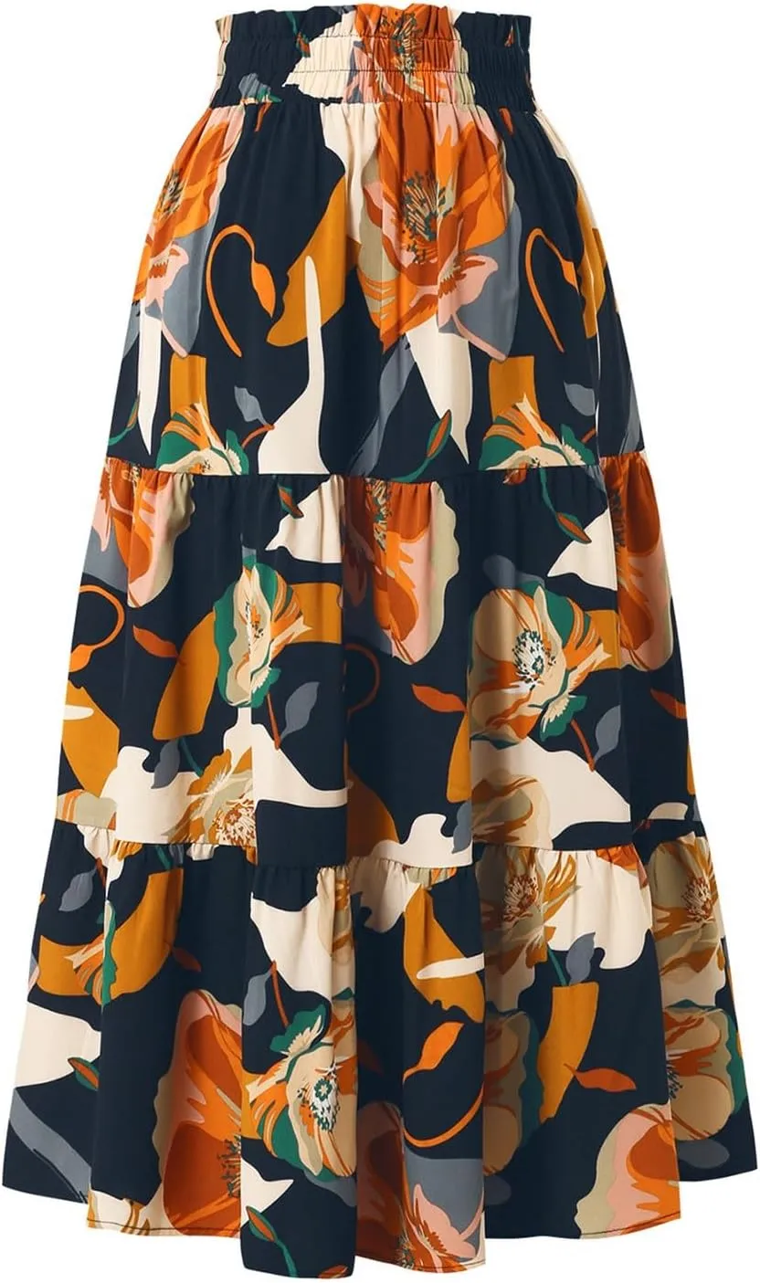 Floral Pleated Skirts for Women Drawstring High Waist Boho Maxi Skirts Summer Flowy Tiered Pleated Beach A Line Skirt