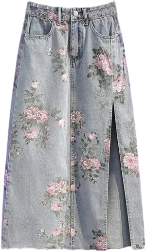 Flowers Print Summer Long Denim Skirt Women High Waist Sexy Split Vintage Pencil Jean Skirts Female