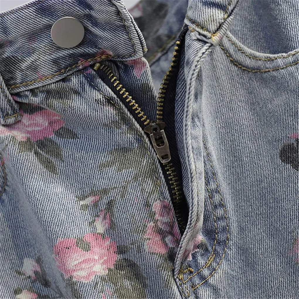Flowers Print Summer Long Denim Skirt Women High Waist Sexy Split Vintage Pencil Jean Skirts Female