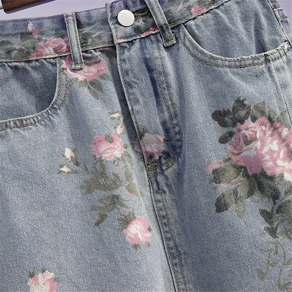 Flowers Print Summer Long Denim Skirt Women High Waist Sexy Split Vintage Pencil Jean Skirts Female