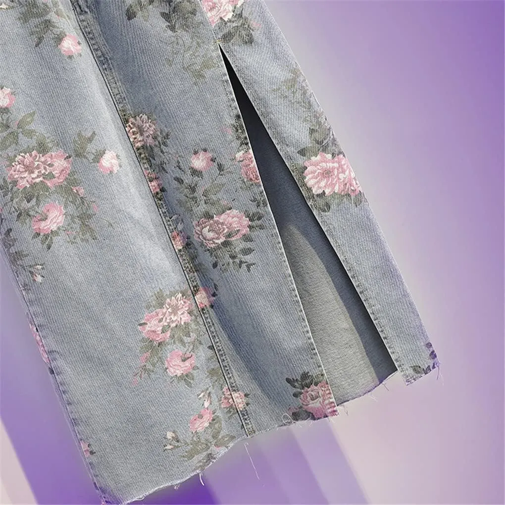 Flowers Print Summer Long Denim Skirt Women High Waist Sexy Split Vintage Pencil Jean Skirts Female
