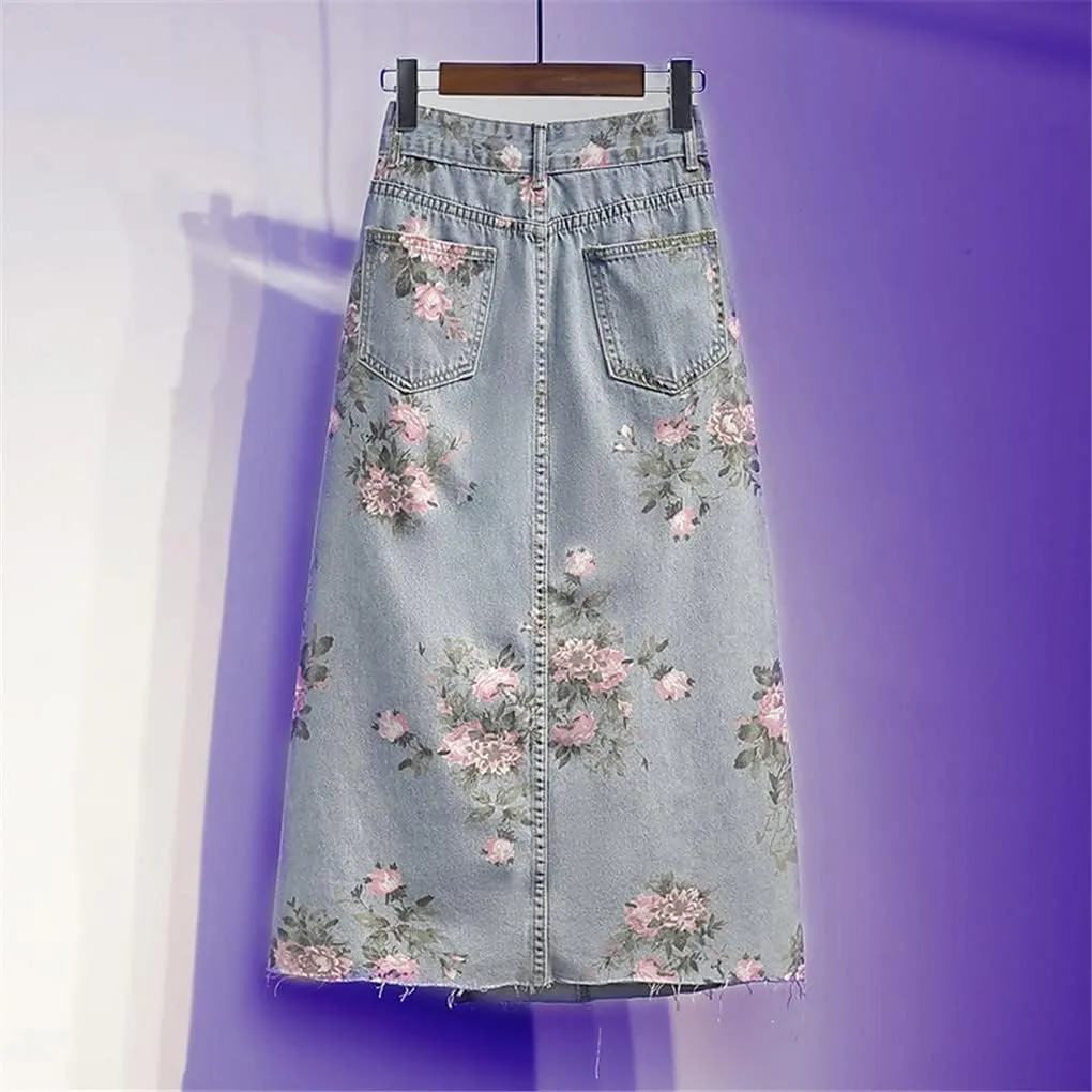 Flowers Print Summer Long Denim Skirt Women High Waist Sexy Split Vintage Pencil Jean Skirts Female