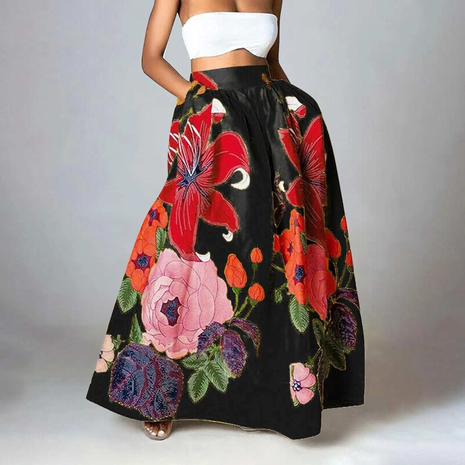 Flowy Boho Floral Printed Maxi Skirt for Women High Waisted A Line Long Skirts with Pockets Plus Size Swing Beach Dress