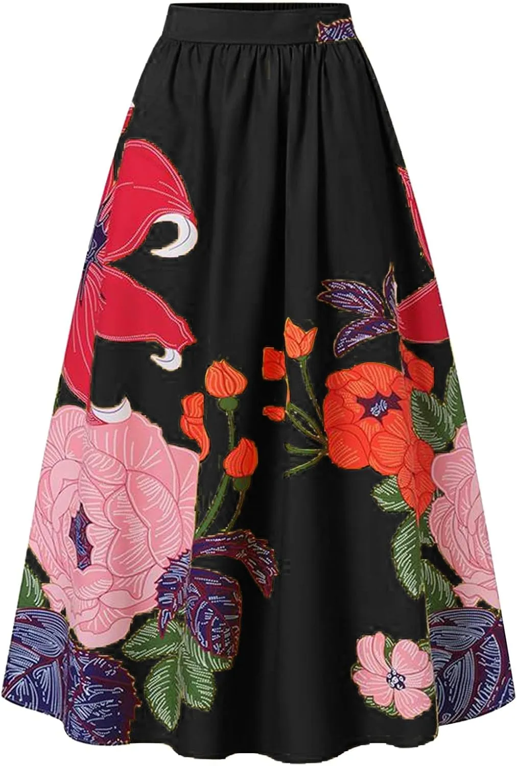 Flowy Boho Floral Printed Maxi Skirt for Women High Waisted A Line Long Skirts with Pockets Plus Size Swing Beach Dress
