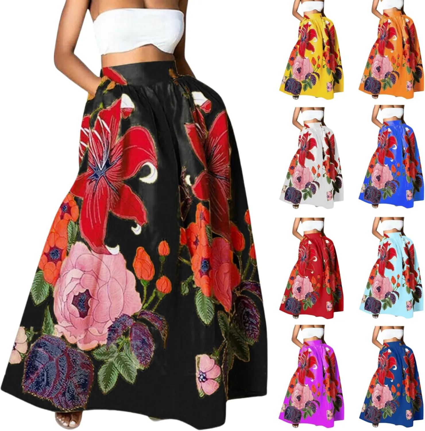 Flowy Boho Floral Printed Maxi Skirt for Women High Waisted A Line Long Skirts with Pockets Plus Size Swing Beach Dress