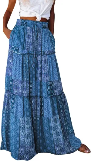 Flowy Long Skirts for Women Boho Floral Elastic High Waisted Tiered Pleated Summer Beach Vacation A Line Maxi Skirt