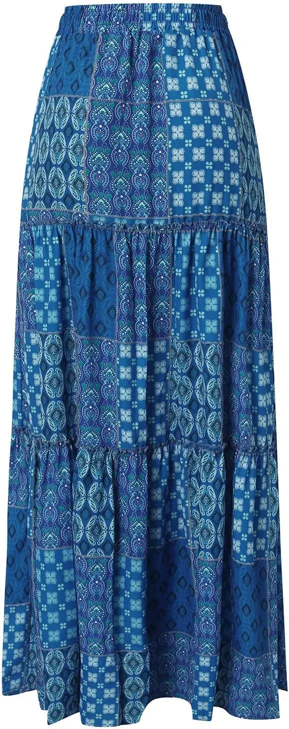 Flowy Long Skirts for Women Boho Floral Elastic High Waisted Tiered Pleated Summer Beach Vacation A Line Maxi Skirt