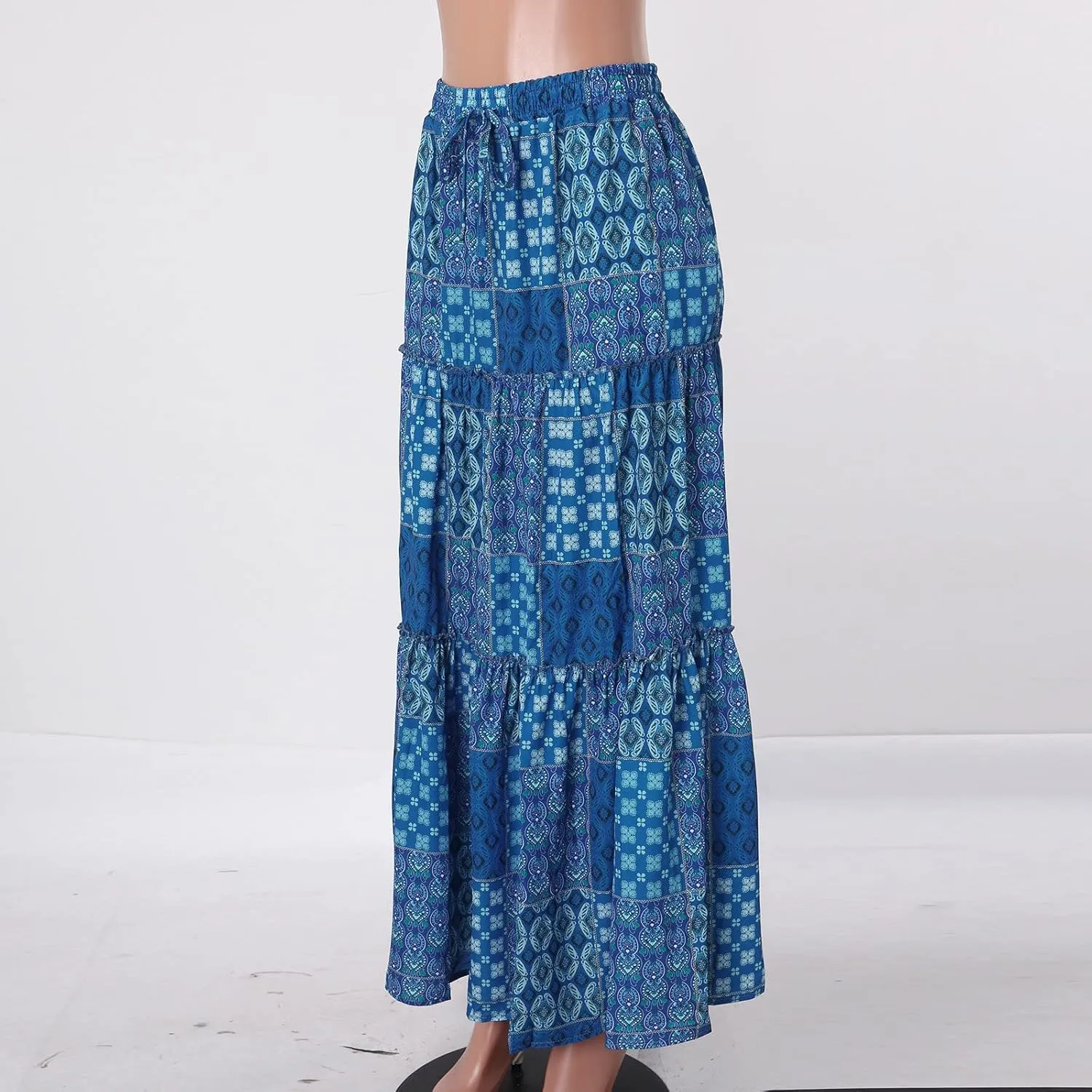 Flowy Long Skirts for Women Boho Floral Elastic High Waisted Tiered Pleated Summer Beach Vacation A Line Maxi Skirt