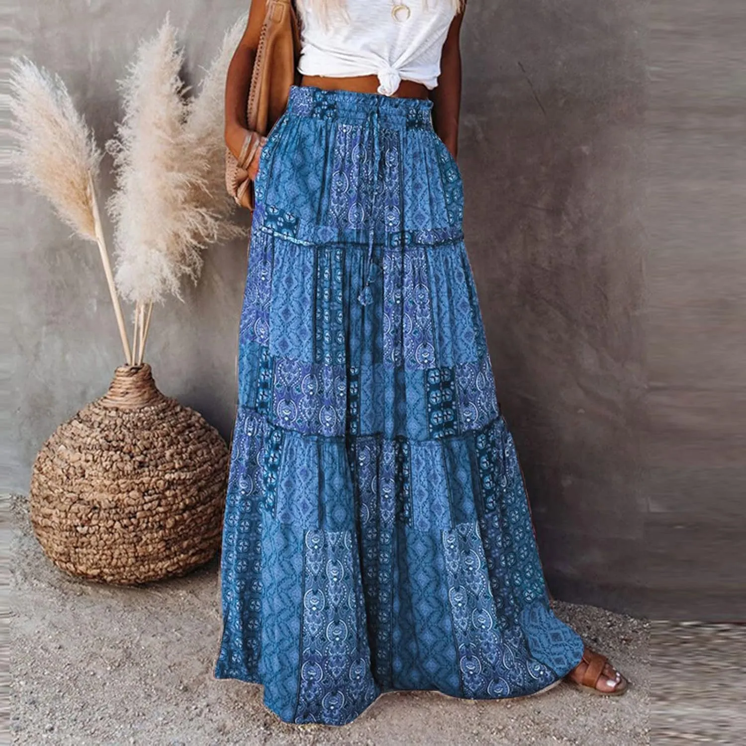 Flowy Long Skirts for Women Boho Floral Elastic High Waisted Tiered Pleated Summer Beach Vacation A Line Maxi Skirt
