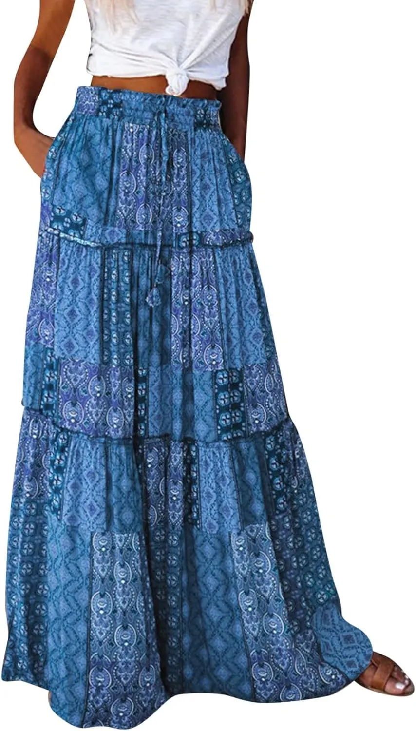 Flowy Long Skirts for Women Boho Floral Elastic High Waisted Tiered Pleated Summer Beach Vacation A Line Maxi Skirt