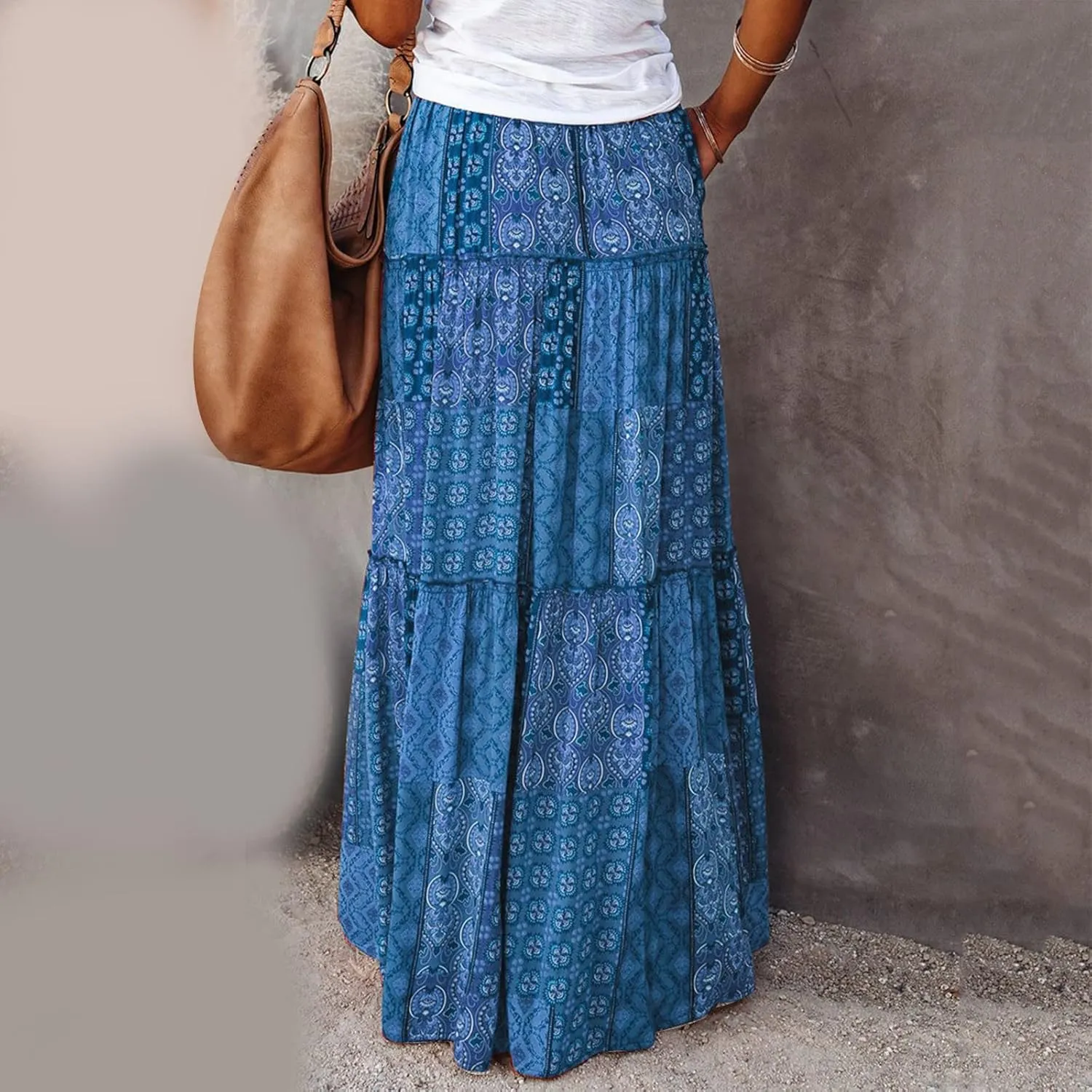 Flowy Long Skirts for Women Boho Floral Elastic High Waisted Tiered Pleated Summer Beach Vacation A Line Maxi Skirt