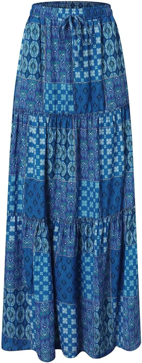 Flowy Long Skirts for Women Boho Floral Elastic High Waisted Tiered Pleated Summer Beach Vacation A Line Maxi Skirt