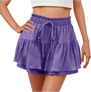 Flowy Shorts for Women Casual Boho Ruffle Tiered Skorts High Waisted Drawstring Mini Skirts Tennis Comfy Shorts 2025