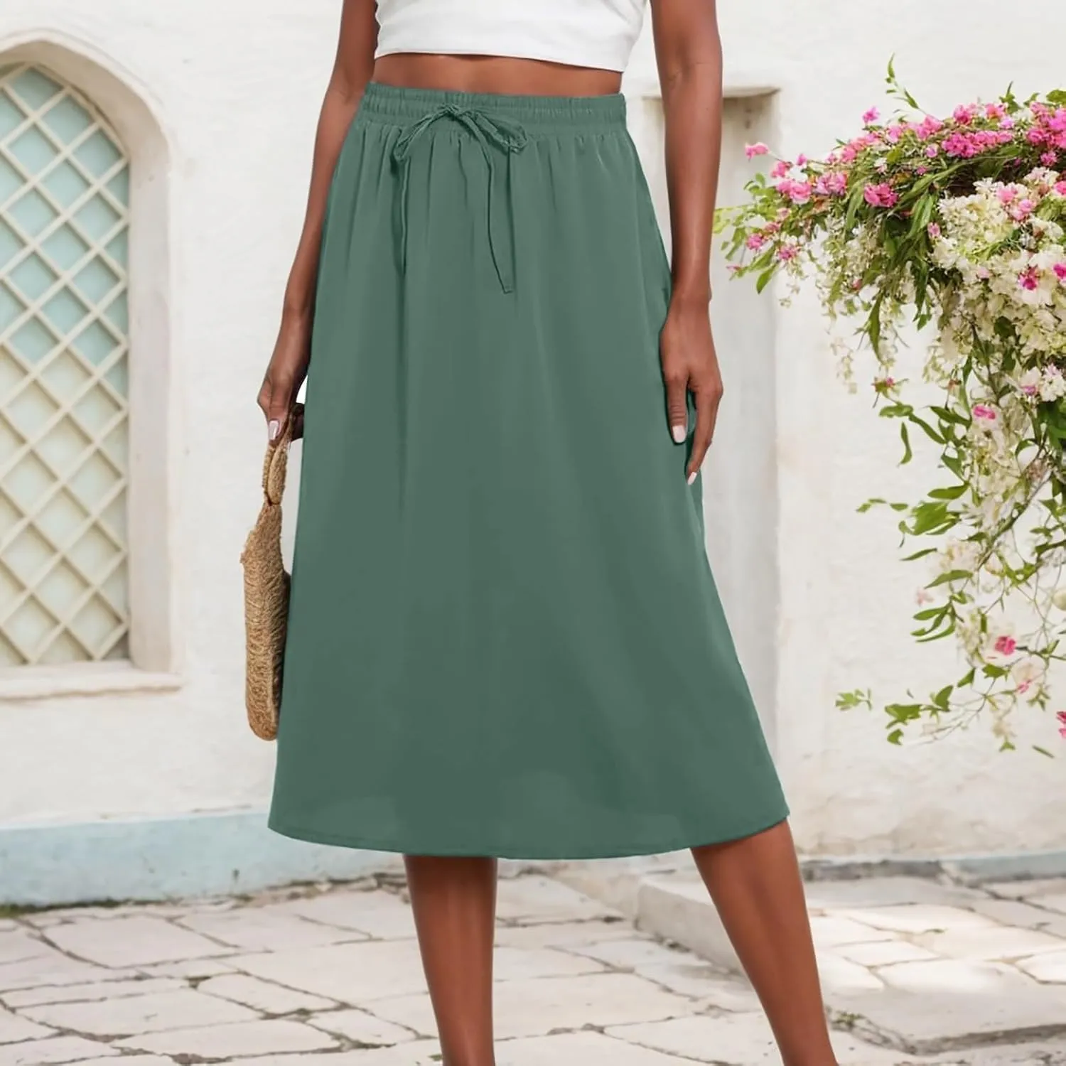 Flowy Skirts for Women Midi Length Tie Knot Boho Casual Beach High Waisted Pleated Swing Long Skirt with Pockets