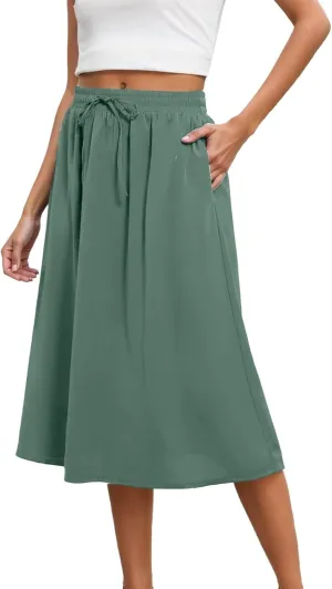 Flowy Skirts for Women Midi Length Tie Knot Boho Casual Beach High Waisted Pleated Swing Long Skirt with Pockets