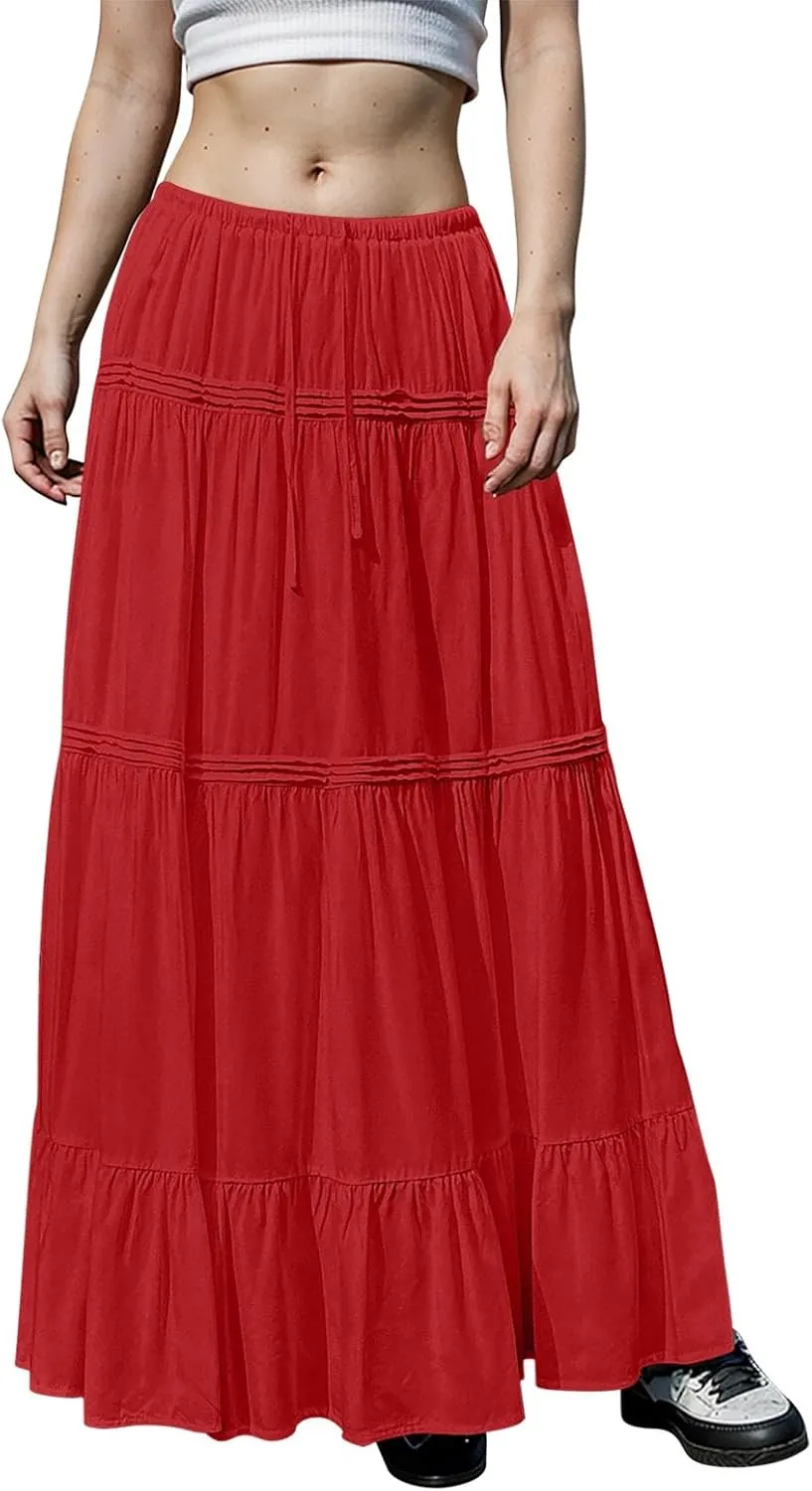Flowy Tiered Maxi Skirts for Women Trendy Summer Boho Long Skirts Elastic Drawstring Waist Pleated Swing A Line Skirt
