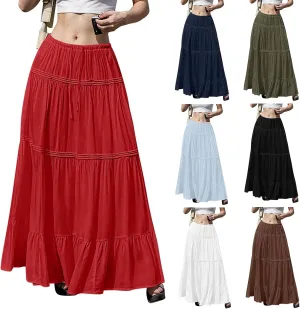 Flowy Tiered Maxi Skirts for Women Trendy Summer Boho Long Skirts Elastic Drawstring Waist Pleated Swing A Line Skirt