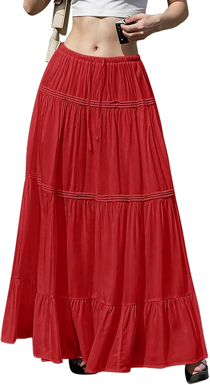 Flowy Tiered Maxi Skirts for Women Trendy Summer Boho Long Skirts Elastic Drawstring Waist Pleated Swing A Line Skirt