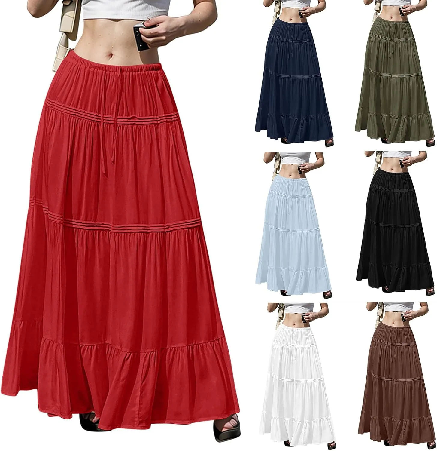 Flowy Tiered Maxi Skirts for Women Trendy Summer Boho Long Skirts Elastic Drawstring Waist Pleated Swing A Line Skirt