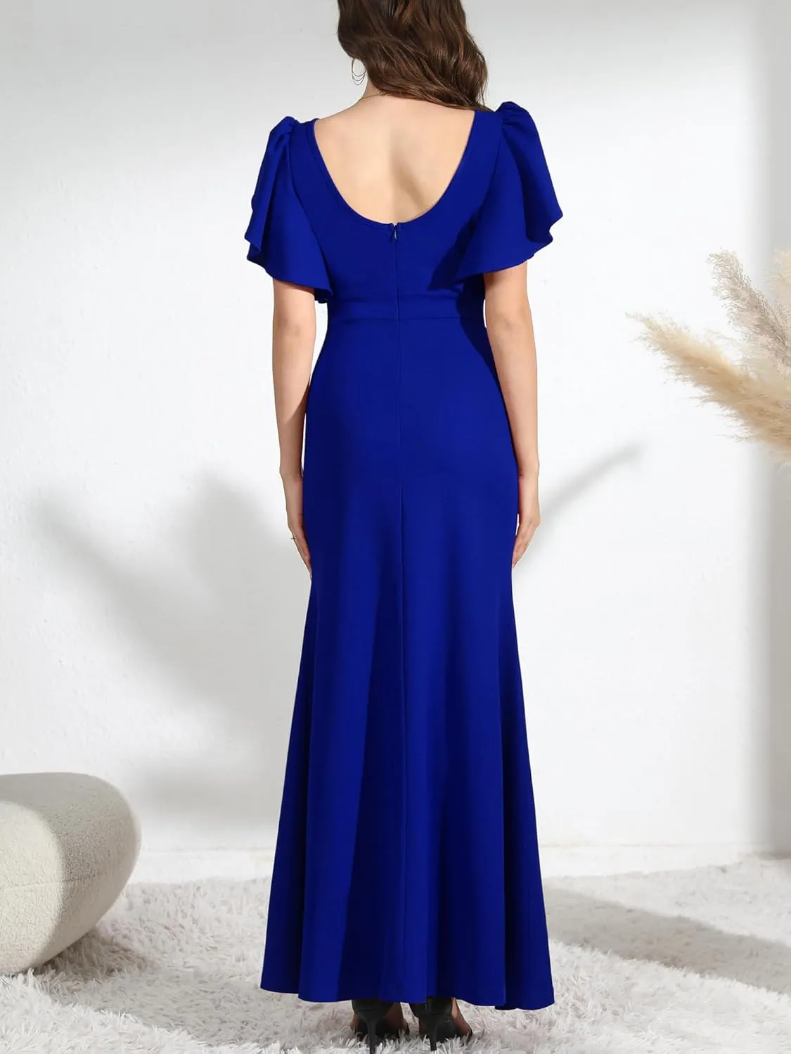 Formal Gowns and Evening Dresses Wedding Guest Dresses for Women Prom Dress Long V-Neck Ruffle Short Sleeve