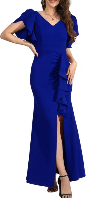 Formal Gowns and Evening Dresses Wedding Guest Dresses for Women Prom Dress Long V-Neck Ruffle Short Sleeve