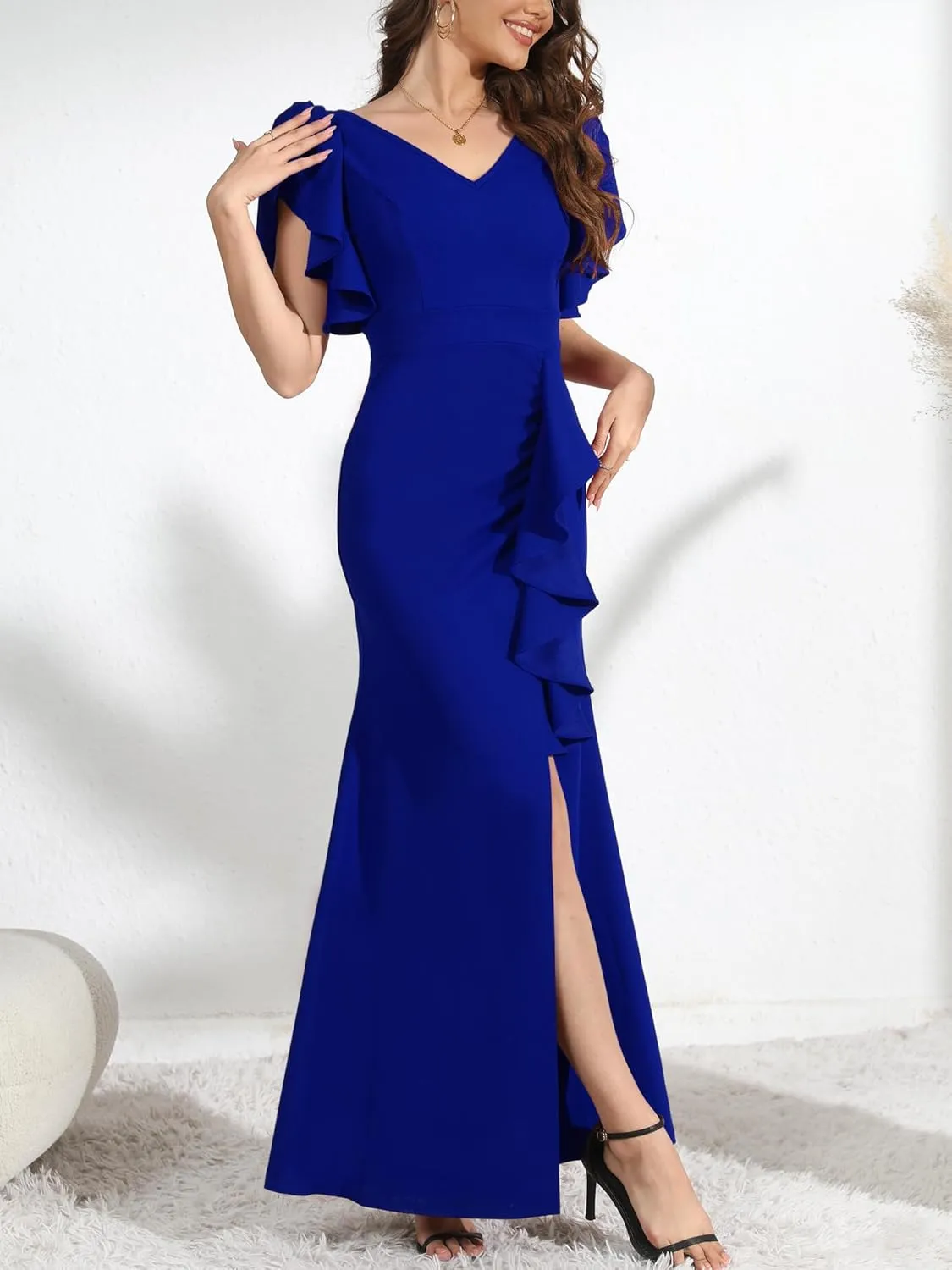 Formal Gowns and Evening Dresses Wedding Guest Dresses for Women Prom Dress Long V-Neck Ruffle Short Sleeve