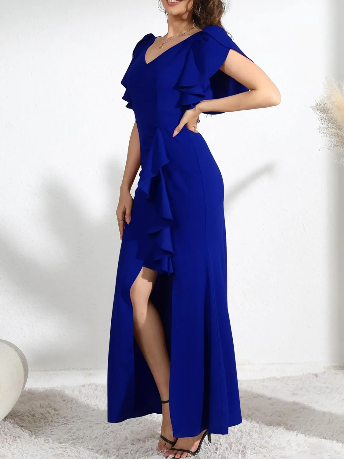 Formal Gowns and Evening Dresses Wedding Guest Dresses for Women Prom Dress Long V-Neck Ruffle Short Sleeve