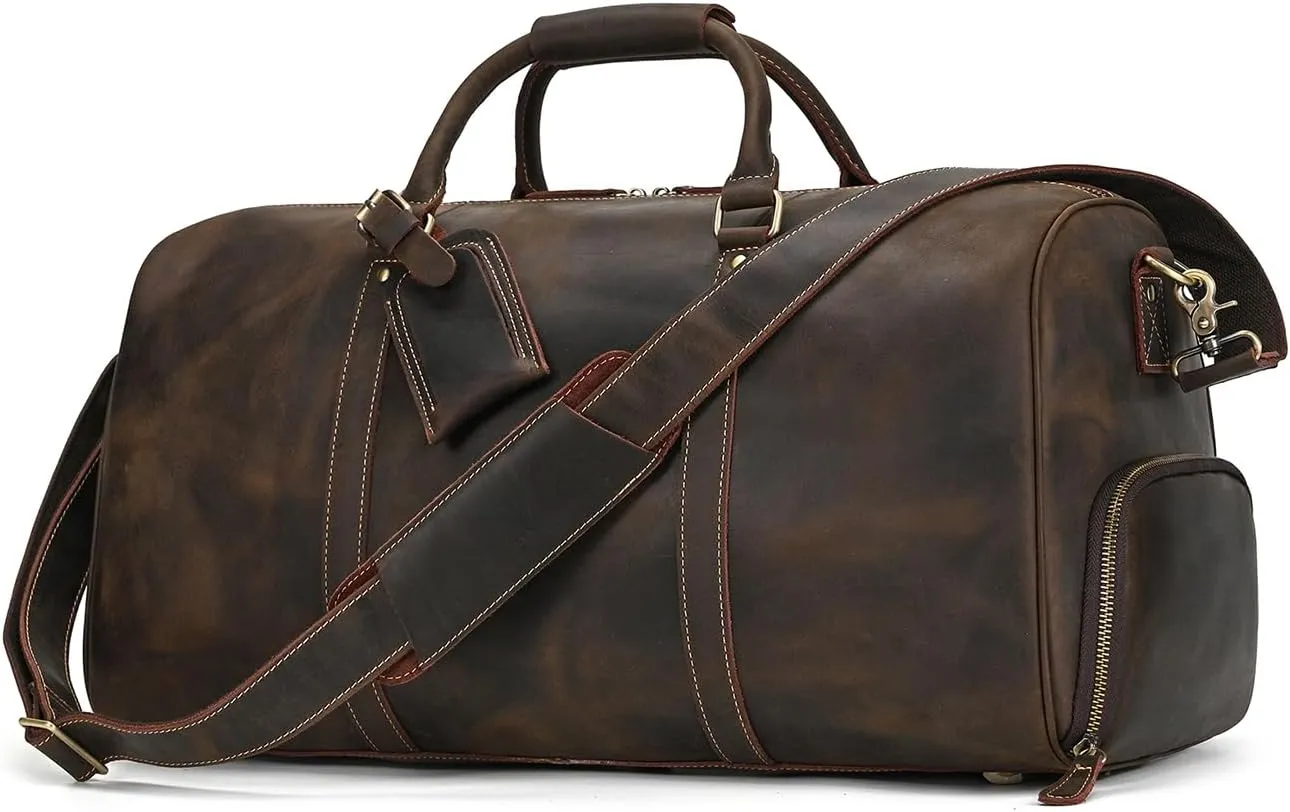 Full-grain Leather Travel Bag Large Capacity Duffel Luggage Bag with Shoe Compartment, Men Women Shoulder Handbag for Weekend Holiday Business Trip 45L, Dark Brown