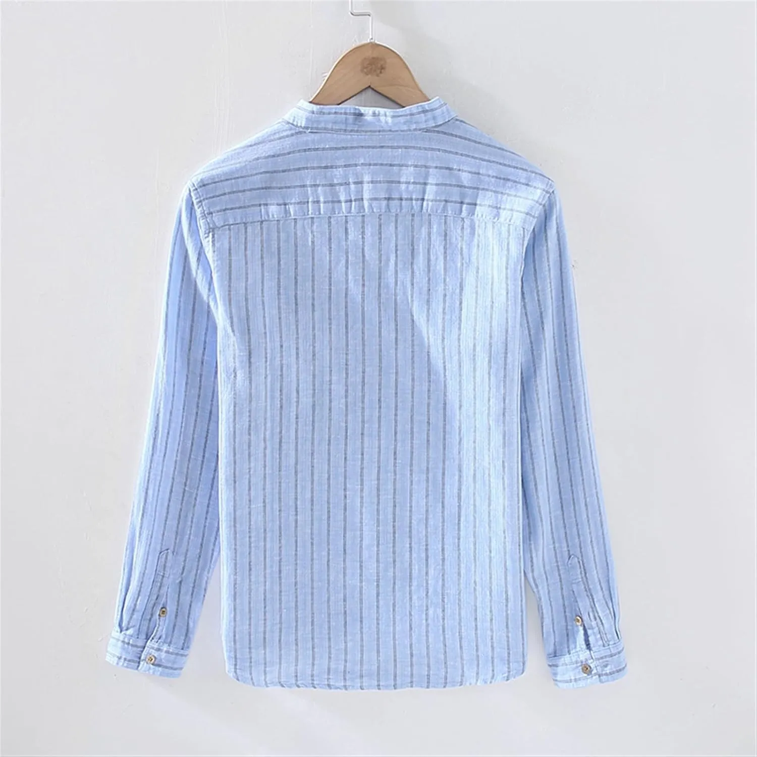 GIBZ Casual Cotton Linen Button Down Shirts for Men with Pocket Stripe Long Sleeve Shirt Banded Collar