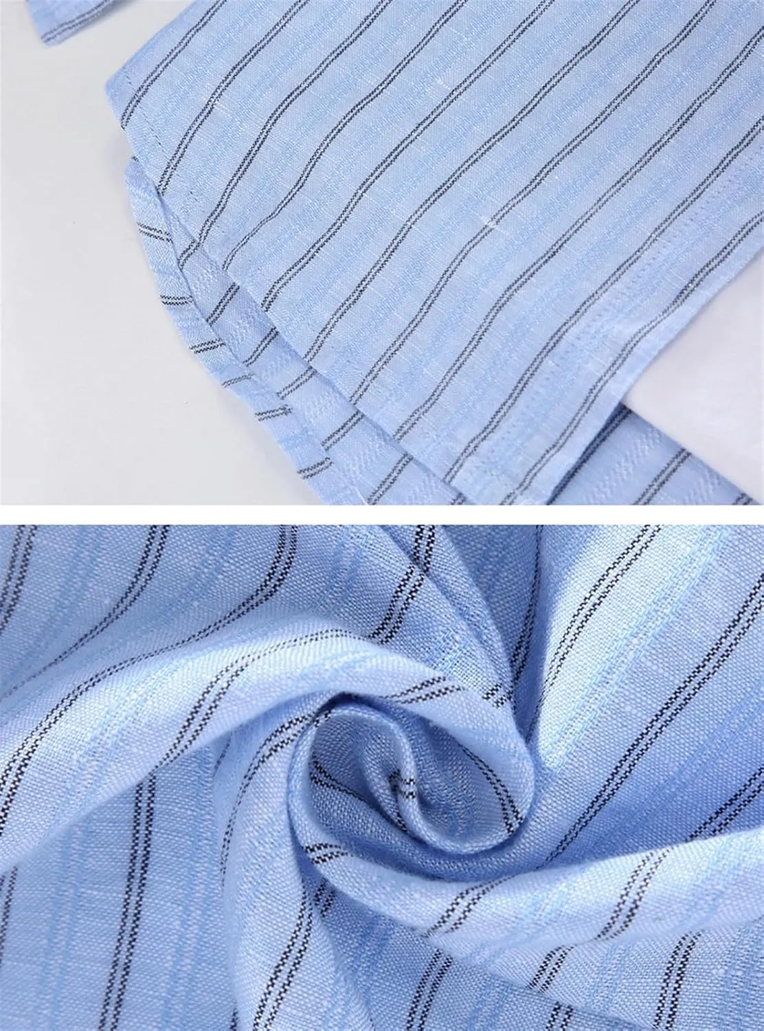 GIBZ Casual Cotton Linen Button Down Shirts for Men with Pocket Stripe Long Sleeve Shirt Banded Collar