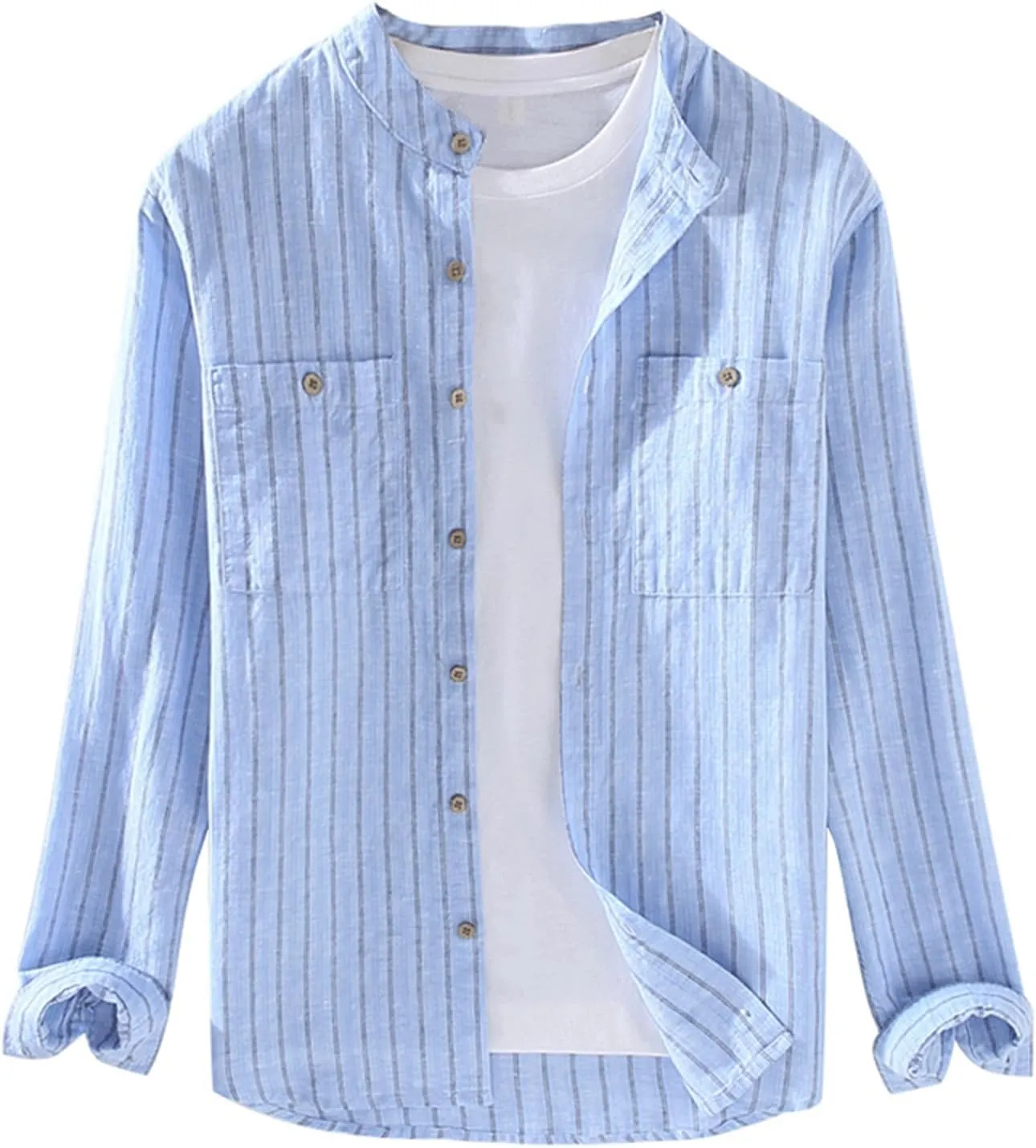 GIBZ Casual Cotton Linen Button Down Shirts for Men with Pocket Stripe Long Sleeve Shirt Banded Collar