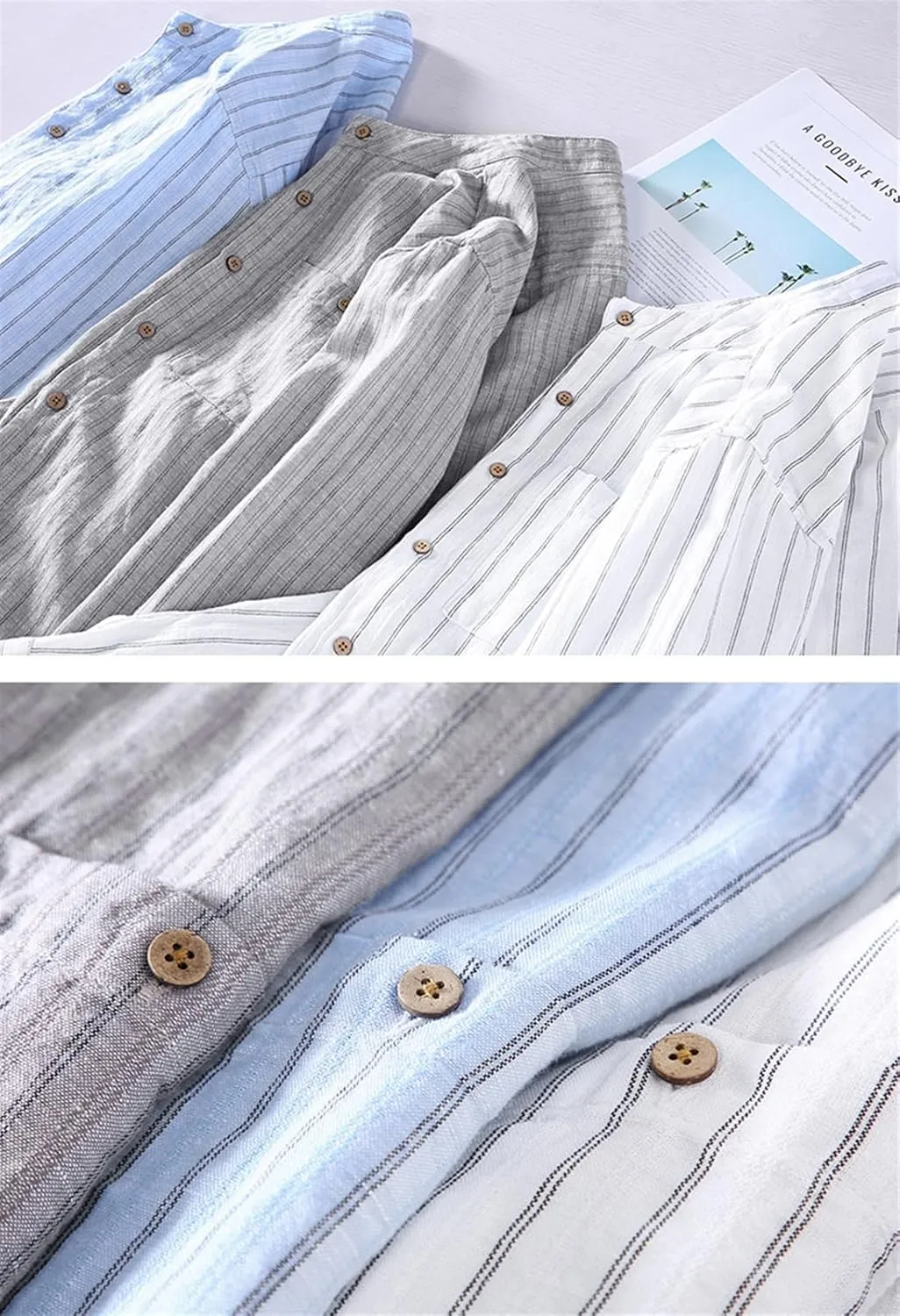 GIBZ Casual Cotton Linen Button Down Shirts for Men with Pocket Stripe Long Sleeve Shirt Banded Collar