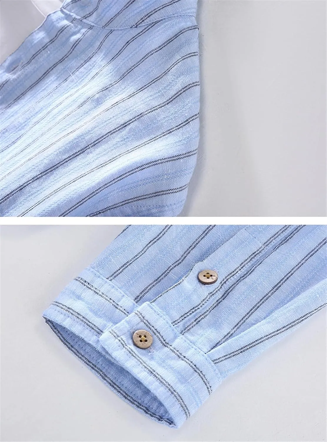 GIBZ Casual Cotton Linen Button Down Shirts for Men with Pocket Stripe Long Sleeve Shirt Banded Collar