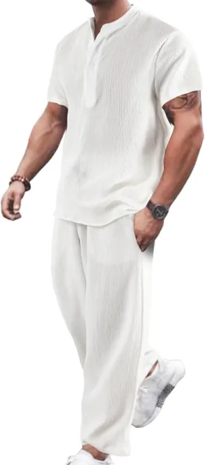 GORGLITTER Men's Linen Suit 2 Piece Set Beach Casual Short Sleeve Henley Shirts Loose Long Pants Summer Vacation Outfits