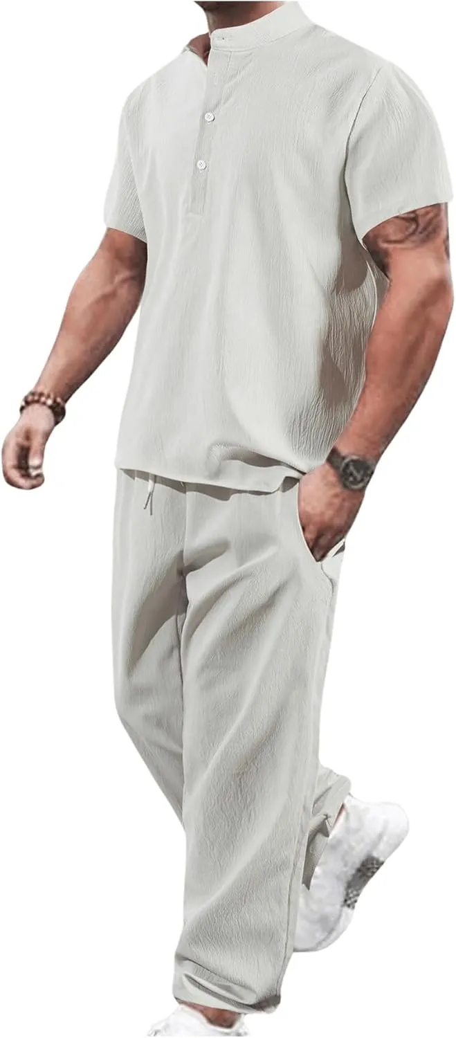 GORGLITTER Men's Linen Suit 2 Piece Set Beach Casual Short Sleeve Henley Shirts Loose Long Pants Summer Vacation Outfits