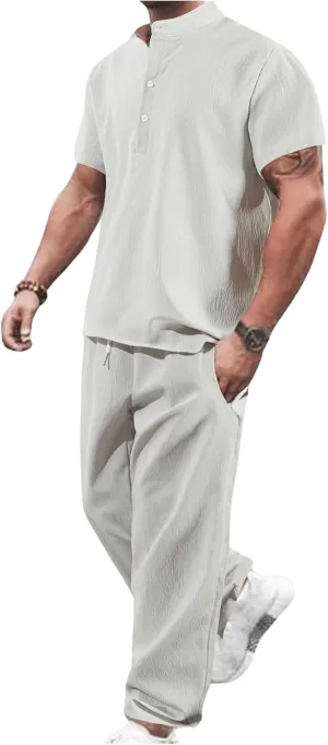 GORGLITTER Men's Linen Suit 2 Piece Set Beach Casual Short Sleeve Henley Shirts Loose Long Pants Summer Vacation Outfits