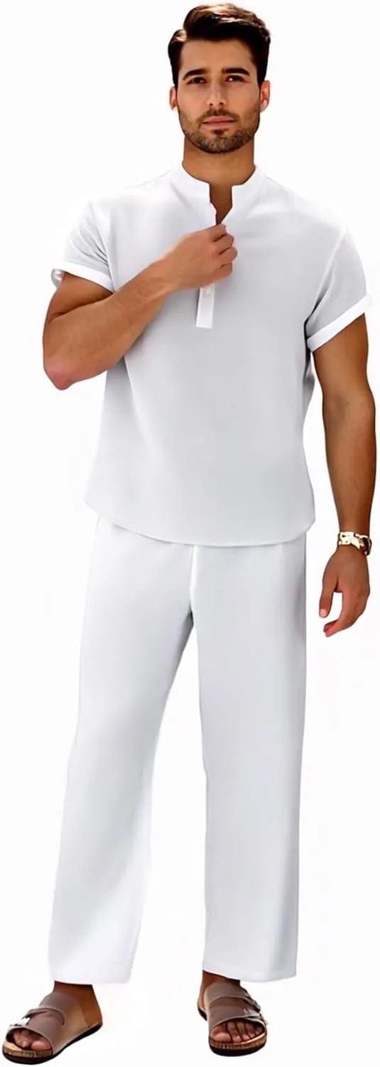 GORGLITTER Men's Linen Suit 2 Piece Set Beach Casual Short Sleeve Henley Shirts Loose Long Pants Summer Vacation Outfits