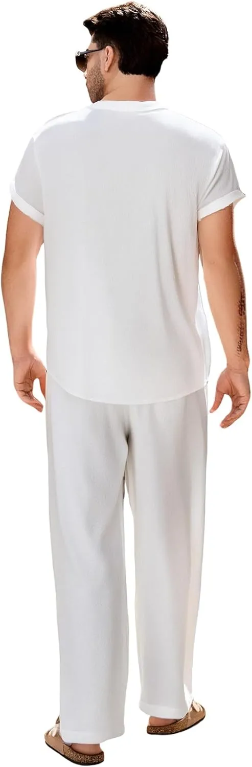 GORGLITTER Men's Linen Suit 2 Piece Set Beach Casual Short Sleeve Henley Shirts Loose Long Pants Summer Vacation Outfits